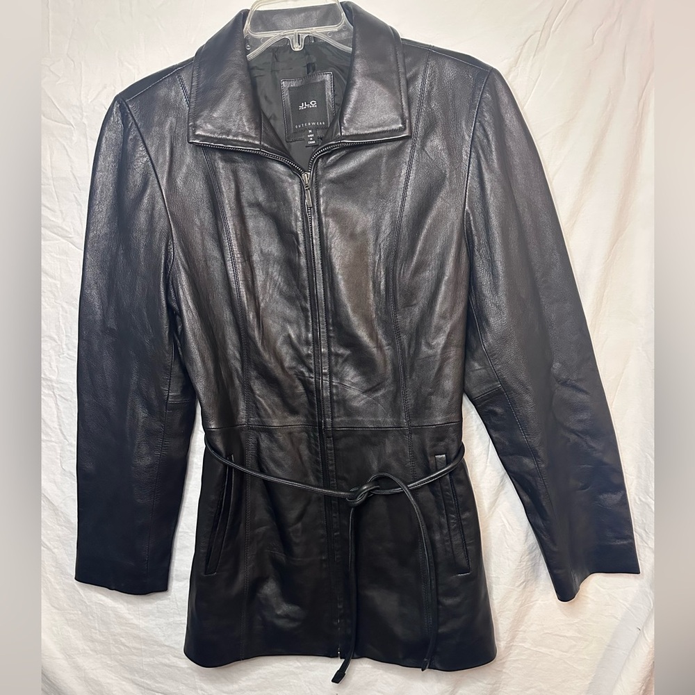 JLC New York Genuine Leather Belted Jacket Coat Black Size Medium